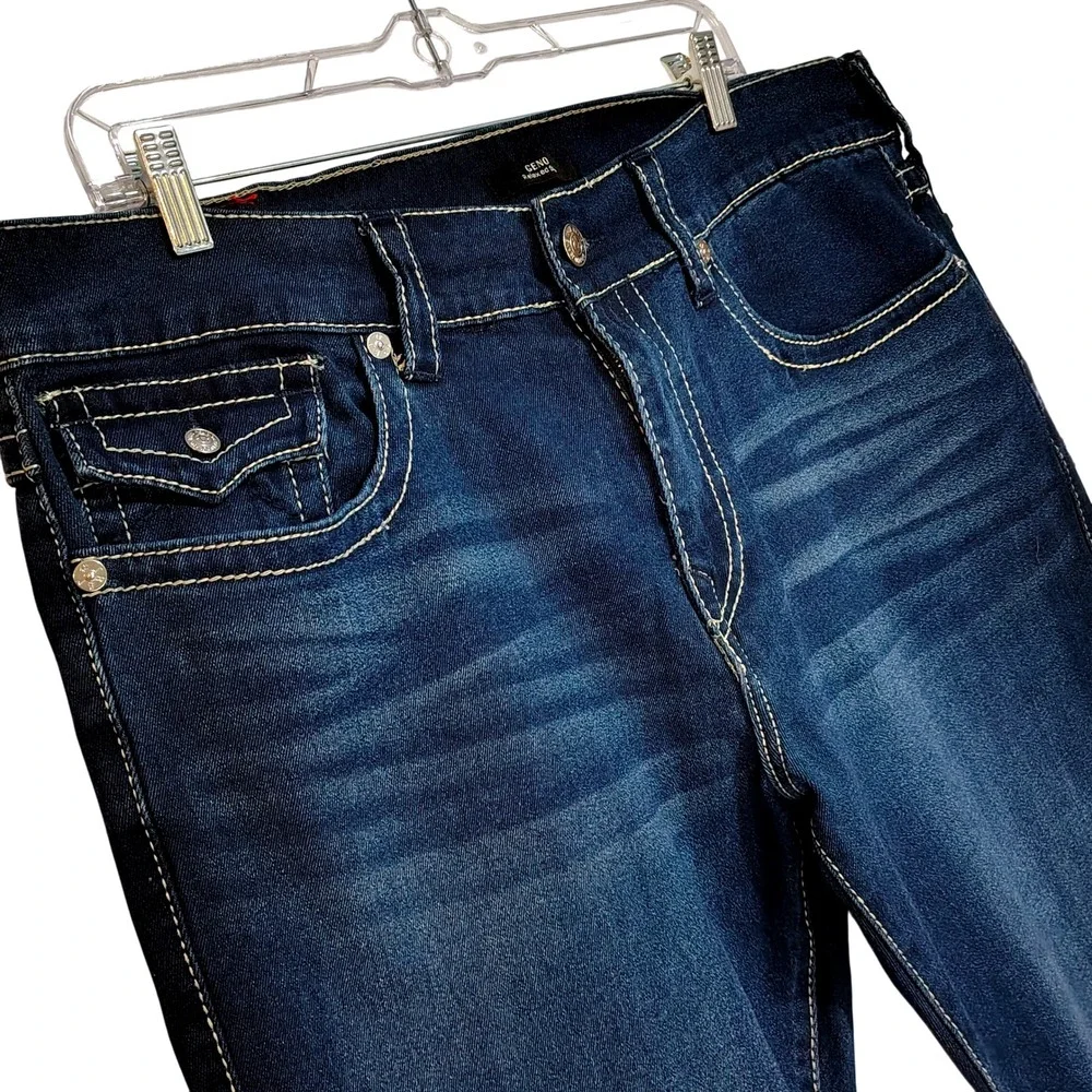 True Religion Geno Big T Flap Slim Jeans Mens Size 38 Medium Lagoon W38 L32 Wash